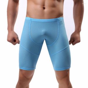 Onderbroek Sport Fitness Mens Long Boxer ondergoed Shorts Mesh Ademende mannen Boxershorts been stammen sexy zakje