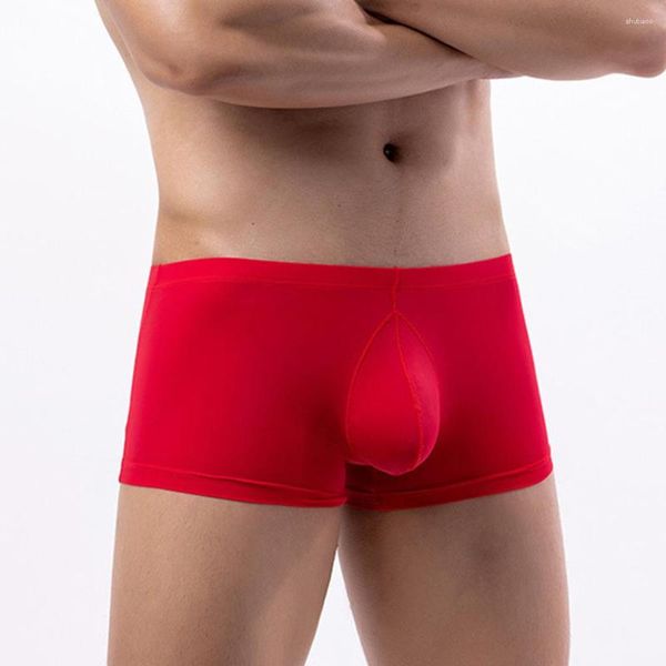 Boxershorts d'été pour hommes, sous-vêtements avec poche bombée, slip en soie glacée, culotte de sommeil, maillot de bain pour hommes