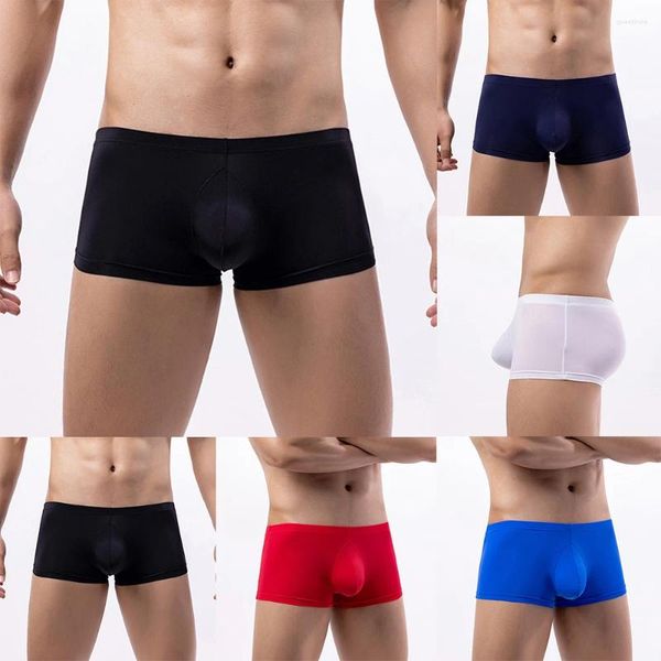 Sous-vêtements d'été pour hommes, Boxer en soie glacée, poche bombée, sous-vêtements lisses, haute élasticité, taille basse, culotte douce et solide