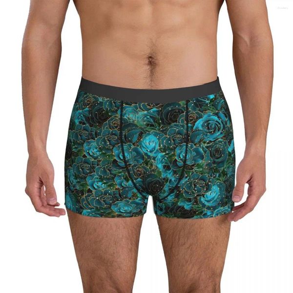 Sous-vêtements Teal Rose Print Sous-vêtements Gold Floral Imprimé Boxer Shorts Qualité Mâles Slips confortables Cadeau d'anniversaire