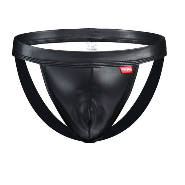 Slip tongs Sexy hommes slips noir G-String Jockstrap sous-vêtements Imitation PU Faux cuir ouvert BuPenis poche Bikini