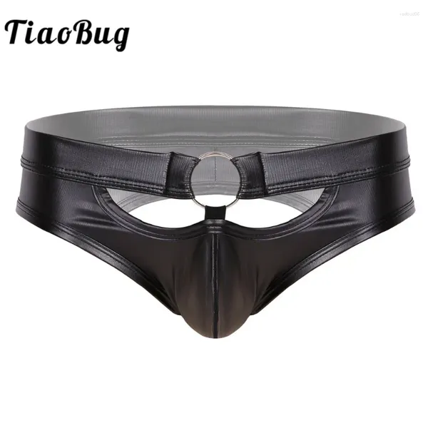 Sous-vêtements Tiaobug hommes noir faux cuir taille basse ceinture élastique poche de renflement ouvert busexy bikini slips mâle sous-vêtements gai