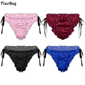 Onderbroek Tiaobug Sissy Men Lage Ruches Satijnen briefs Ademende veter geplooide trim ondergoed voor bruiloft Honeymoon Gift