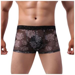 Onderbroek Transparante herenboksers ondergoed Briefs Bloem bedrukt kant helder ademend slipje sexy lingerie lage taille mannetje