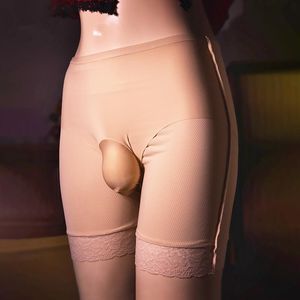 Onderbroek twee in één sissy slipje voor mannen lingerie sexy lange boksers ondergoed ijs zijden kanten penis pouch gay underpant plus sizeunderpants