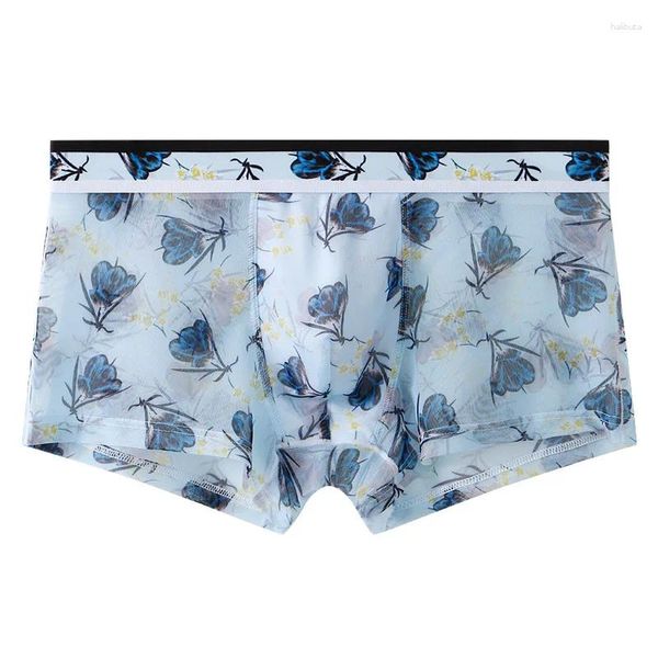 Calzoncillos Boxer ultrafino para hombre, ropa interior con estampado de seda de hielo, ropa interior de malla transparente, pantalones cortos sexys de tiro bajo, bragas juveniles de verano