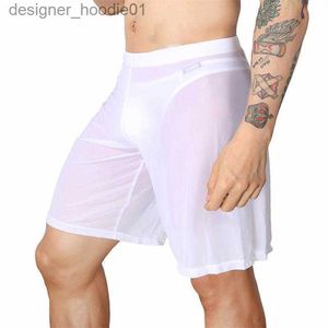 Calzoncillos Boxer Shorts Men Underwear Sexy Mesh Sleep Bottoms Pajama Long Gay Sissy Transparente Lindas Bastias U Punta White L230915