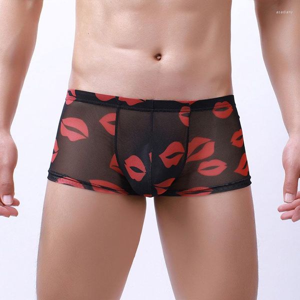 Caleçon Sous-Vêtements Pour Hommes Sexy Lip Print Ultra-Mince Boxer Shorts Mesh Culottes Cuecas Translucide Mode Séchage Rapide Taille Basse