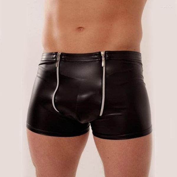 Calzoncillos Ropa interior Hombre Negro Vaina Pantalones de vinilo Ropa de dormir Lencería Sexy Cremallera Cuero Hombres Boxers W850545