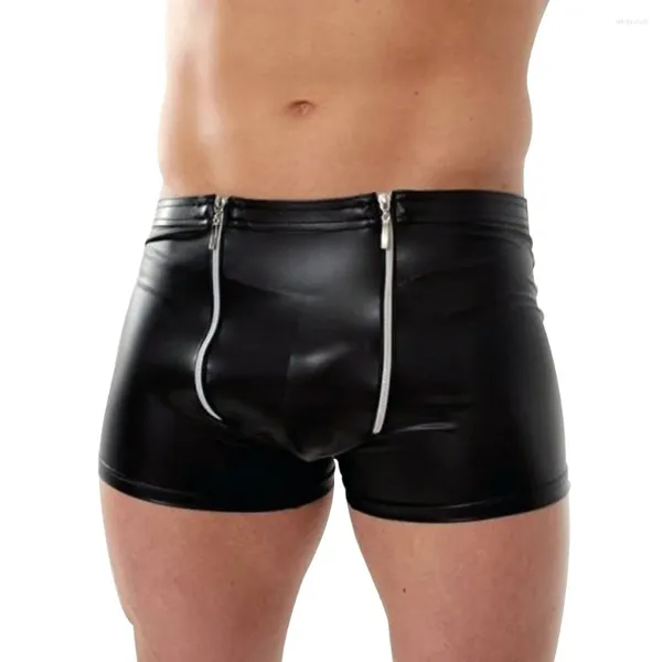 Calzoncillos Ropa Interior Hombre Vaina Negra Pantalones De Vinilo Ropa De Dormir Lencería Sexy Cremallera Cuero Hombres Pantalón