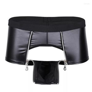 Caleçons sous-vêtements hommes ouvert devant grande taille 5XL Sexy hommes en cuir Pu Boxer Shorts sans entrejambe érotique Lingerie poche de renflement fermeture éclair