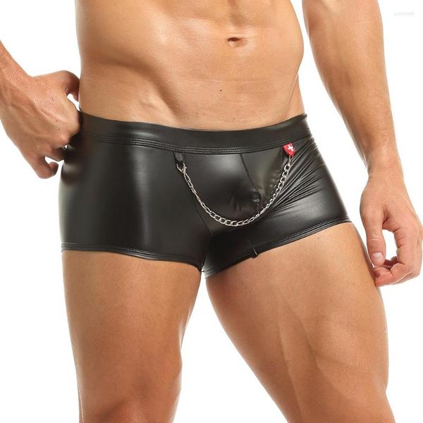 Sous-vêtements pour hommes, sous-vêtements sexy en Faux cuir, Boxer Gay, culotte à la mode, short à chaîne, taille basse, pochette pour pénis, noir, 2022