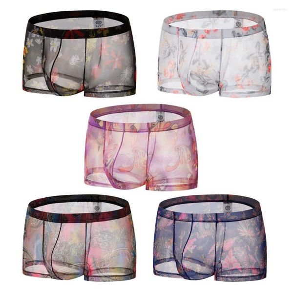 Calzoncillos ropa interior hombres pantalones cortos de algodón sexy transparente ver a través del boxeador estampado de labios clásico hueco # 280102