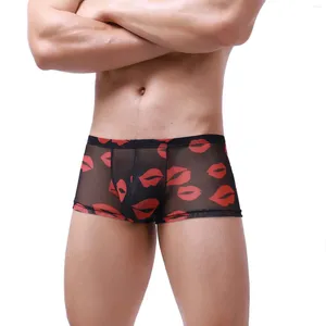 Sous-pants Boxers masculins de la Saint-Valentin Sous-vêtements Sexy Red Lips Print Gauze Sous-taille basse Boxershorts Sissy Panties Hombre