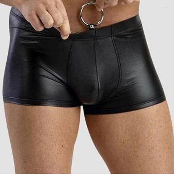 Calzoncillos de moda al por mayor hombres de patente de patente negro pantalones sexy boxer boxer shorts frescos punk macho bolsita convexa ropa interior