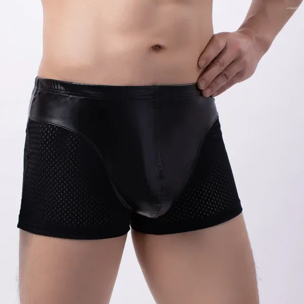 Sous-pants Youth Leather Patchwork Mesh Underwear Men Low Raise Boxer Boxer Shorts adolescents semi-transparents minces pantalons AO