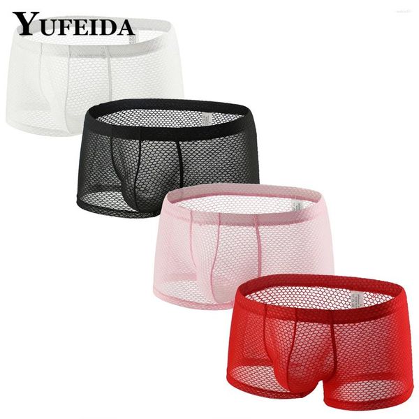 Calzoncillos YUFEIDA 1/4 unids malla para hombre transparente ver a través de boxeadores ropa interior transpirable tronco transparente pantalones cortos masculino gay bikini