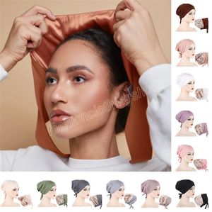 Underscarf Satin verstelbare chemo cap dubbele laag zachte moslim dames hijab inners hoed islamitische stropdas terug motorkap vrouwelijke headcover