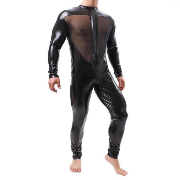 Sous-vêtements 3XL en cuir verni pour hommes, manches longues, fermeture éclair, entrejambe ouvert, combinaison Zentai, tenue de fête, pantalon, salopette, grande taille