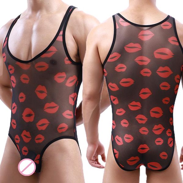 Camisetas Lencería Sexy Hombres Body Jockstrap Leotardo Malla Labios transparentes Impreso Mamelucos Camisetas sin mangas Mono Mono Catsuits Ropa interior