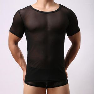 Undershirts Man Undershirt/Men Sexy Mesh Sheer Basic shirts/mannelijke transparante o-neck gay korte mouwen afslankelen binnen tops