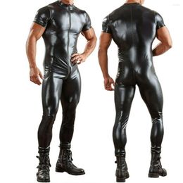 Onderhirts man natte look sexy lange broek korte mouw worstelende catsuits pvc lederen mannen bodysuits gay kostuumkleding