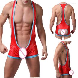 Onderhirts heren bodysuit gay jumpsuits pu lederen clubwear worstelen singlet open heup backless turnard luierteek jockstraps boksers