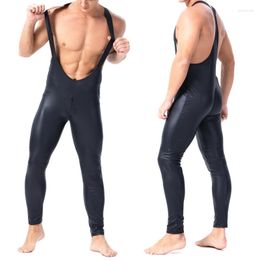 Camisetas interiores para hombre, mono de cuero PU, camiseta de lucha libre, leotardo de una pieza, monos, ropa de baile para escenario, pantalones largos Gay para hombre