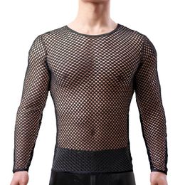 Onderhirts Mens Sexy Fishnet Zie door T-shirt lange mouw transparante t-shirt homme punk gothic nachtclub prom t-shirt voor mannen camisetas