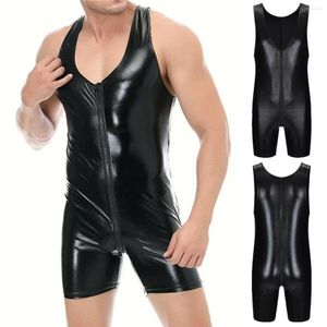 Onderhirts heren natte look latex catsuit faux lederen gaas jumpsuits zwarte stretch pvc bodysuits sexy clubkleding open kruis lingerie body suit