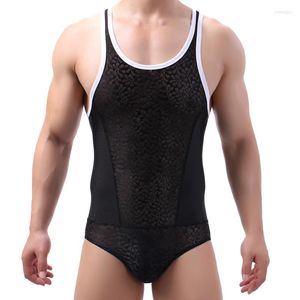 Onderhirts sexy mannen lingerie bodybuilding slankmeuzen mouwlive mesh kanten solide gay bodysuit voor heren onderhemd