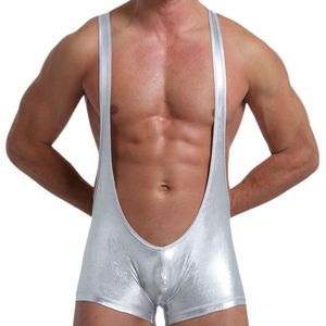 Onderhirts sexy mannen pu lederen latex ondergoed korte bokser bodysuit exotisch worstelen singlet teddy catsuit