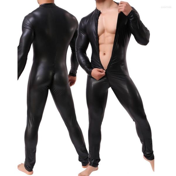Maillots de corps Sexy hommes sous-vêtements maigres fermeture éclair pièce costume en cuir musculation combinaisons hommes maillot de corps Gay Club vêtements