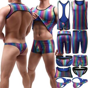 Undershirts sexy roupa interior dos homens arco-íris boxer briefs tangas shorts macacões regatas magro fitness aberto buunderpants pijamas