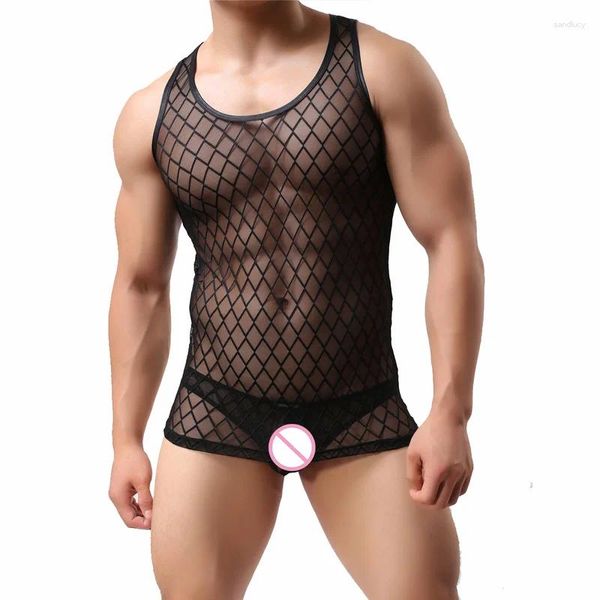 Sous-vêtements sexy pour hommes, maillot de corps noir transparent en maille, ensemble débardeur de fitness, bikini, tongs, slips, culottes