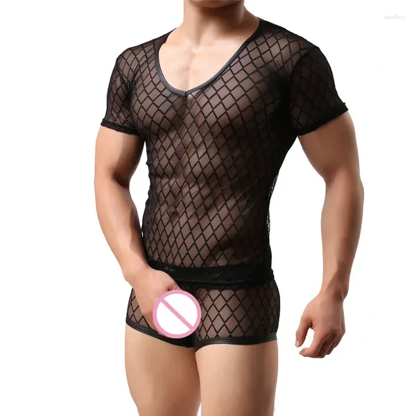 Maillots de corps Chemise en maille transparente hommes ensemble de sous-vêtements sexy lutte Singlet maillot de corps Fitness hauts Boxer Shorts caleçons vêtements