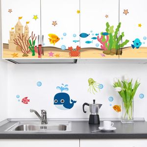 Château sous-marin poisson requin bulle crabe dessin animé stickers muraux stickers Art pour chambres d'enfants cuisine salle de bain toilette fenêtre décor 210420