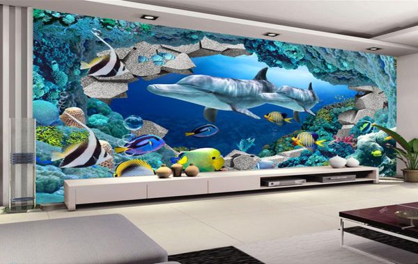Monde sous-marin Po papier peint personnalisé 3D peintures murales mignon dauphin papier peint chambre d'enfants garçons chambre design d'intérieur Ar5123688