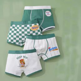 Sous-vêtements New Kids Panties For Boys Cotton Cartoon Bear Shorts Teenage Green Plaid Underwear Korean Children's Striped Underpants 4 Piece