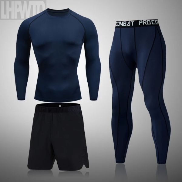Sous-vêtements New Men's Running Tshirt + Bops Shorts 3 Pc Sport Suit Gym Use Second Sous-vêtements Longs Skin Thermal Basketball Leggings