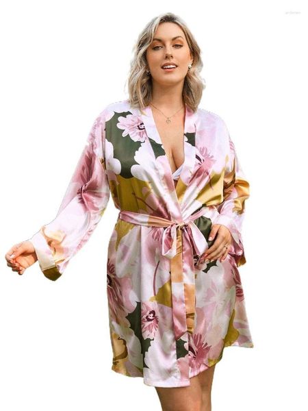 Sous-vêtements femmes grande taille imprimé fleuri goutte épaule ceinturé Satin sommeil Robe sans Lingerie I5zN # femmes