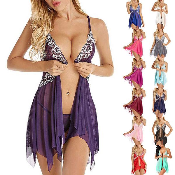 Sous-vêtements femmes Lingerie Sexy robe érotique voir à travers la dentelle pyjamas vêtements de nuit chemise de nuit + string Costumes Sexy robe de sexe