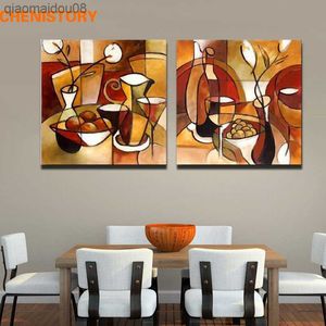 Sans cadre 2 Panneau À La Main Fleur Tasse Ensemble Abstrait Moderne Peinture À L'huile Sur Toile Décor À La Maison Pour Cuisine Mur Art Photo L230704