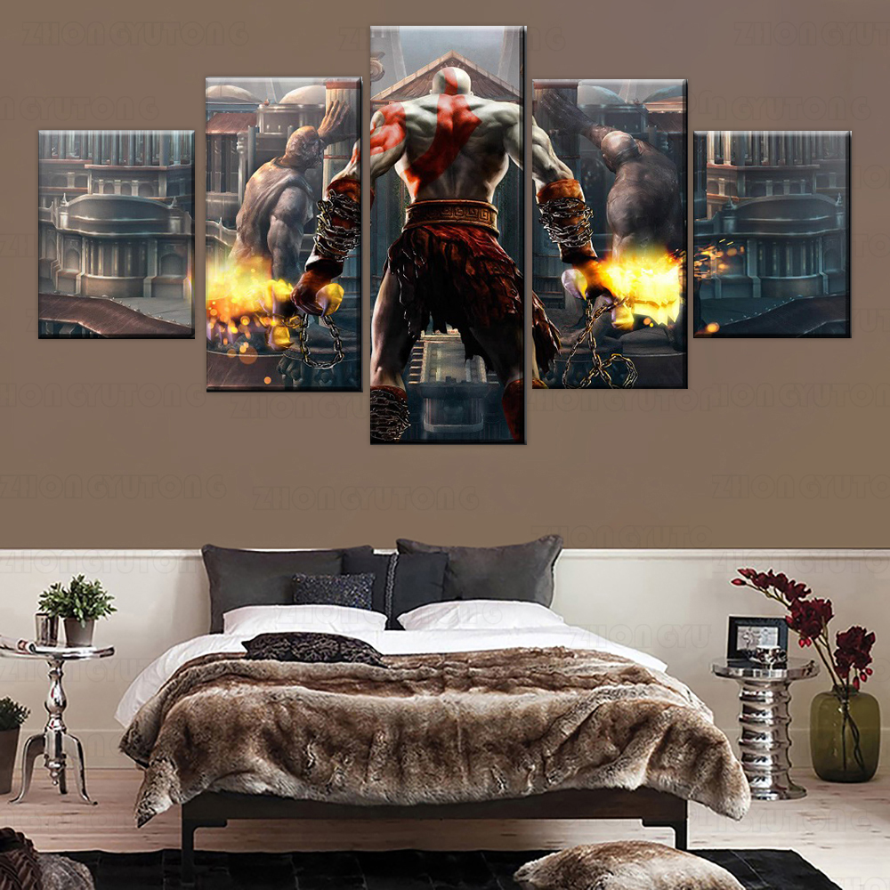 Unframed 5Pcs Game God of War Kratos Back Shadow Cuadros Canvas HD Posters Wall Art Picture Paintings for Living Room Home Decor