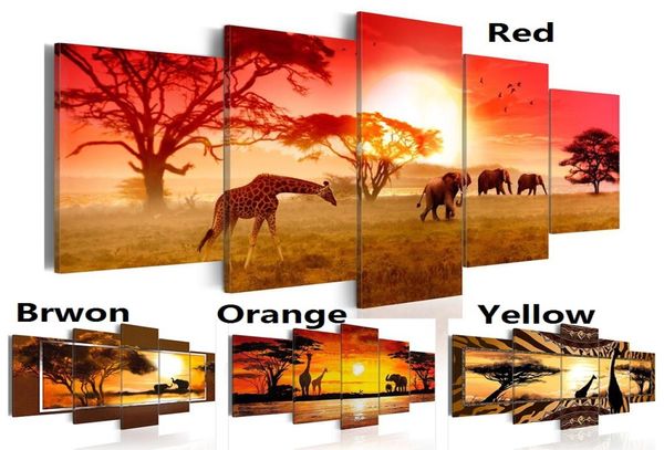 Sans cadre 5pcsset toile impression peintures moderne mode mur art les animaux africains girafes et éléphants pour la décoration de la maison 4302396