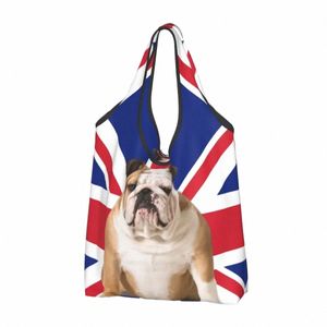 Uni Jack English Bulldog Tienda de comestibles Bolsas de asas Bandera británica linda Patriótico Perro Shopper Bolsos de hombro w9GZ #