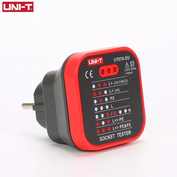 Detector de enchufes UNI-T UT07, enchufe europeo, enchufe de tierra Neutral, polaridad, verificación de fase, detección de cableado, prueba de fugas RCD