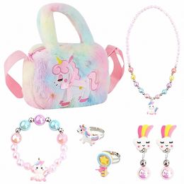 Bolso bandolera de unicornio, joyería para niñas, bolso de unicornio para niñas, conjuntos de joyas con cuentas de unicornio, bolsa de peluche para niños, juguetes Uni Q3A9 #