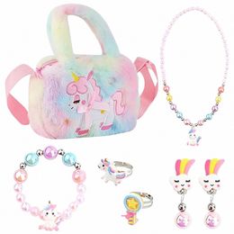 Licorne Sac à bandoulière Sac à main Bijoux pour filles, Sac Licorne Filles Licorne Ensembles de bijoux en perles Enfants Sac en peluche Jouets Uni Q3A9 #