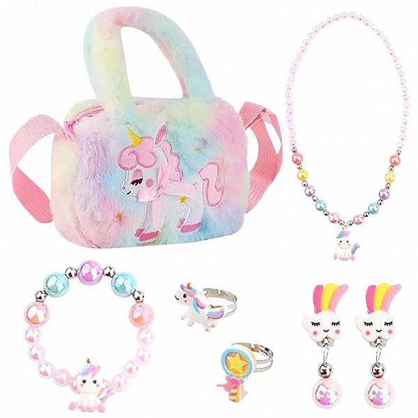 Licorne Sac à bandoulière Sac à main Bijoux pour filles, Sac Licorne Filles Licorne Ensembles de bijoux en perles Enfants Sac en peluche Jouets Uni Q3A9 #